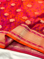 Reddish Orange Pure Mashru Satin Silk Handwoven Banarasi Saree- Tanchoi