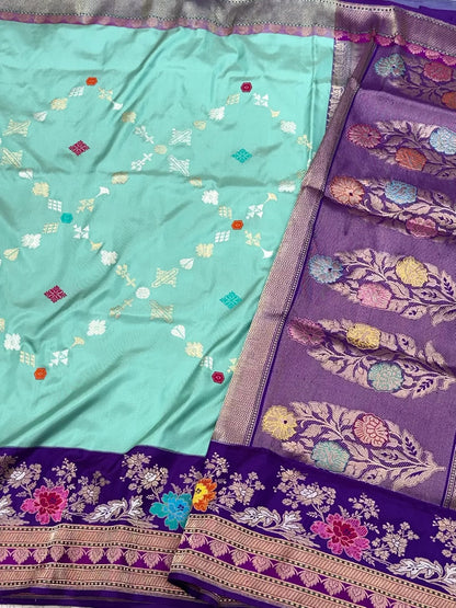 Aqua Green/Purple Pure Katan Mulberry Silk Handwoven Ektara Banarasi Silk Saree