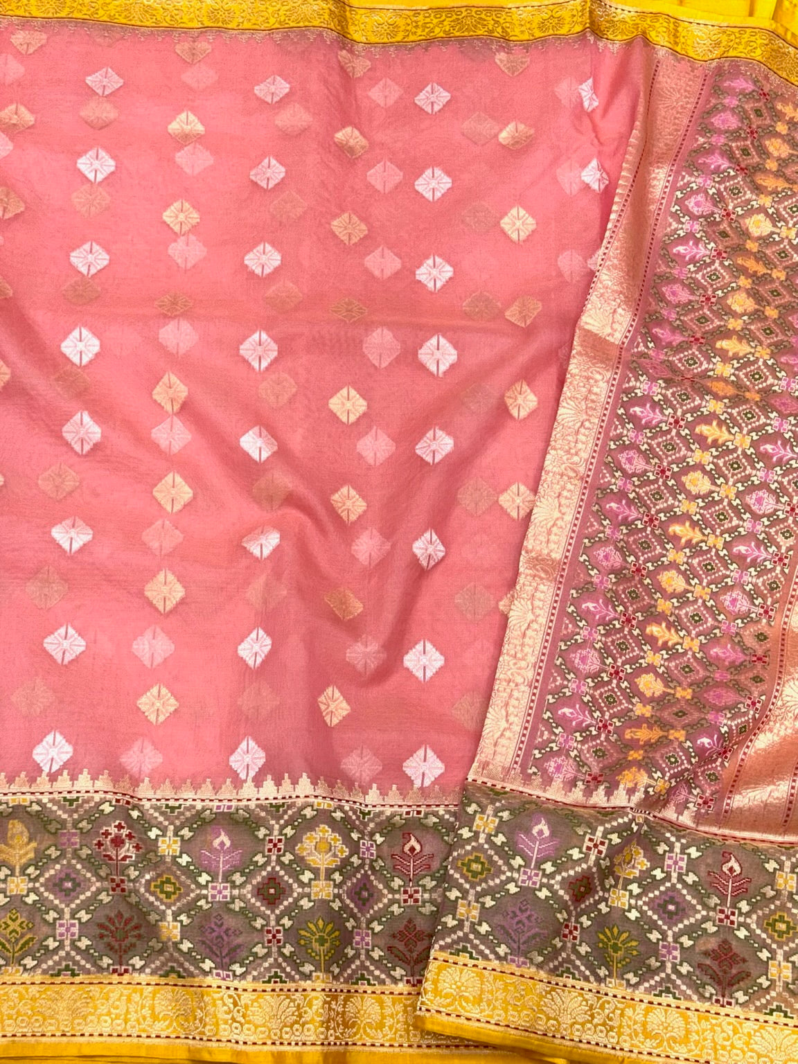 Peach Pink Pure Kora Silk Handwoven Banarasi Saree - Pure Mulberry Silk Patola Border Saree