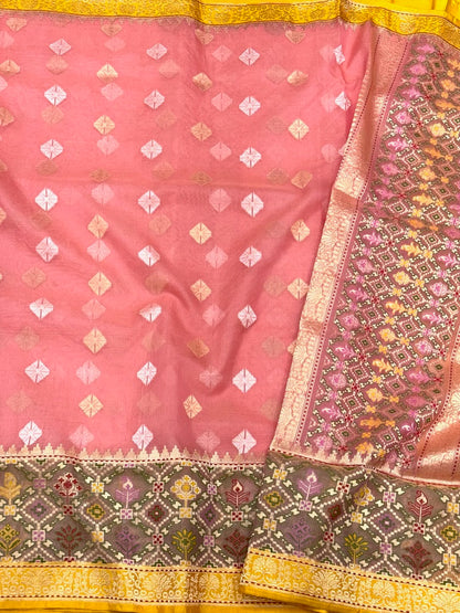 Peach Pink Pure Kora Silk Handwoven Banarasi Saree - Pure Mulberry Silk Patola Border Saree