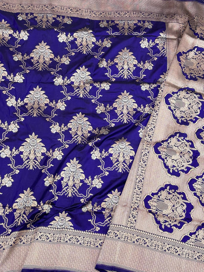 Blue Pure Mulberry Katan Silk Handloom Banarasi Saree