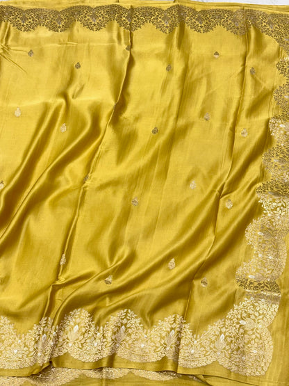 Mustard Yellow Banarasi Saree - Pure Mashru Satin Silk Handwoven Contemporary Banarsi Saree