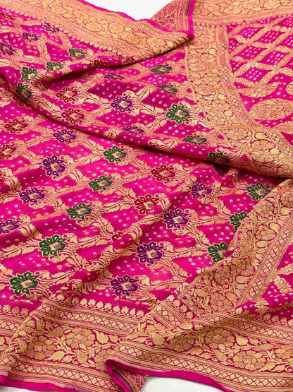 Fluorescent Pink Handloom Contemporary Banarasi Saree | Pure Chiffon Georgette Soft Drape Lightweight Bandhej Saree