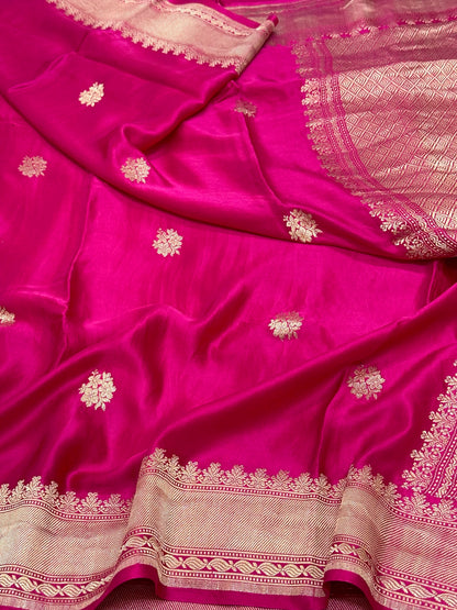 Rani Pink Pure Mashru Satin Silk Handwoven Banarasi Saree