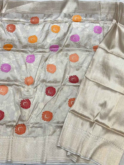 Natural Ivory Pure Mulberry Silk | Pure Katan Silk Banarasi Handwoven Premium Saree