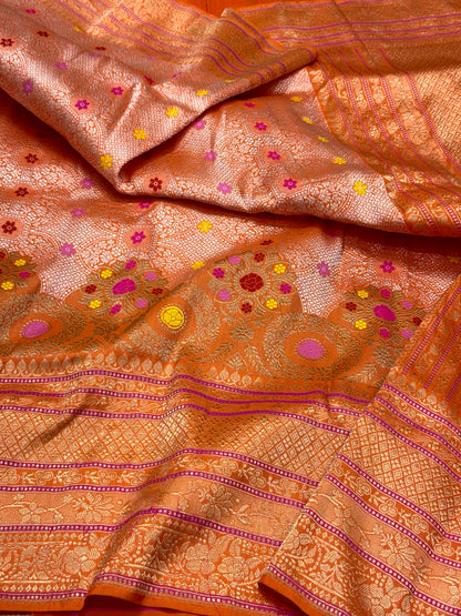 Orange Banarasi Handwoven | Kadhwa Technique | Contemporary Pure Katan Mulberry Silk Banarasi Brocade Saree