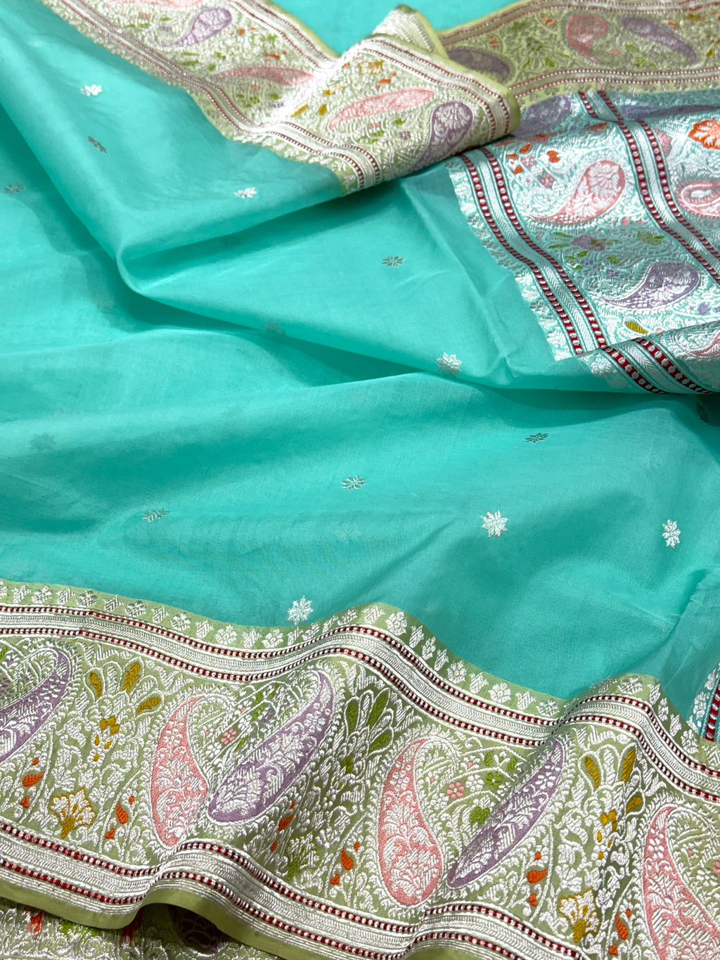 Aqua Green Pure Mulberry Kora Silk Handwoven Banarasi Saree