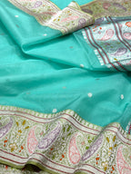 Aqua Green Pure Mulberry Kora Silk Handwoven Banarasi Saree
