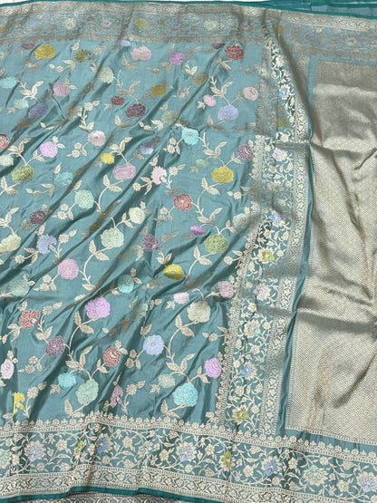 Dusty Blue Pure Double Katan Silk & Mulberry Silk | Kadhwa Weave | Handwoven  Authentic Banarasi Saree