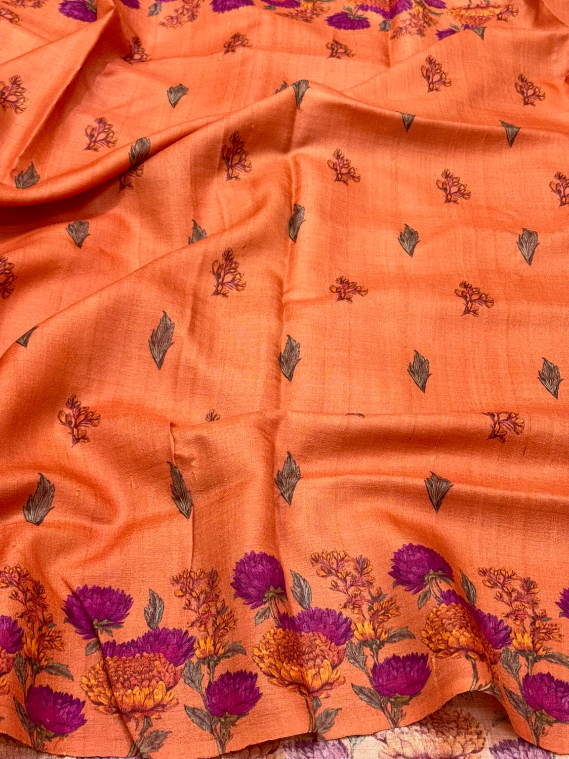 Peach Orange Pure Tussar Silk Handloom Printed Banarasi Saree - Soft Lightweight Banarasi Saree