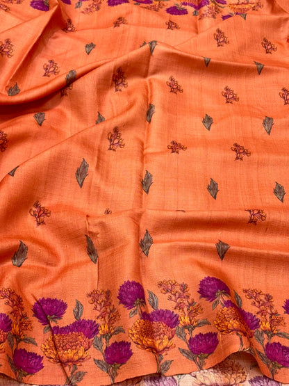 Peach Orange Pure Tussar Silk Handloom Printed Banarasi Saree - Soft Lightweight Banarasi Saree