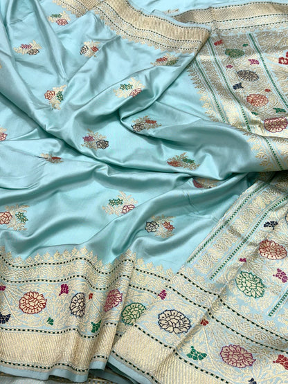 Sky Blue Pure Mulberry Katan Silk Handwoven Banarasi Saree - Kadhwa Ektara Weave