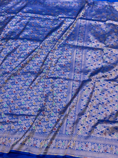 Royal Blue Pure Mulberry Katan Silk Handloom Banarasi Brocade Saree - Authentic Banarasi Saree