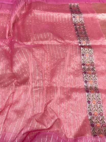 Peach Handwoven Banarasi Saree | Kadhwa Technique | Pure Banarasi Organza Saree - Pure Mulberry Kora Silk Saree