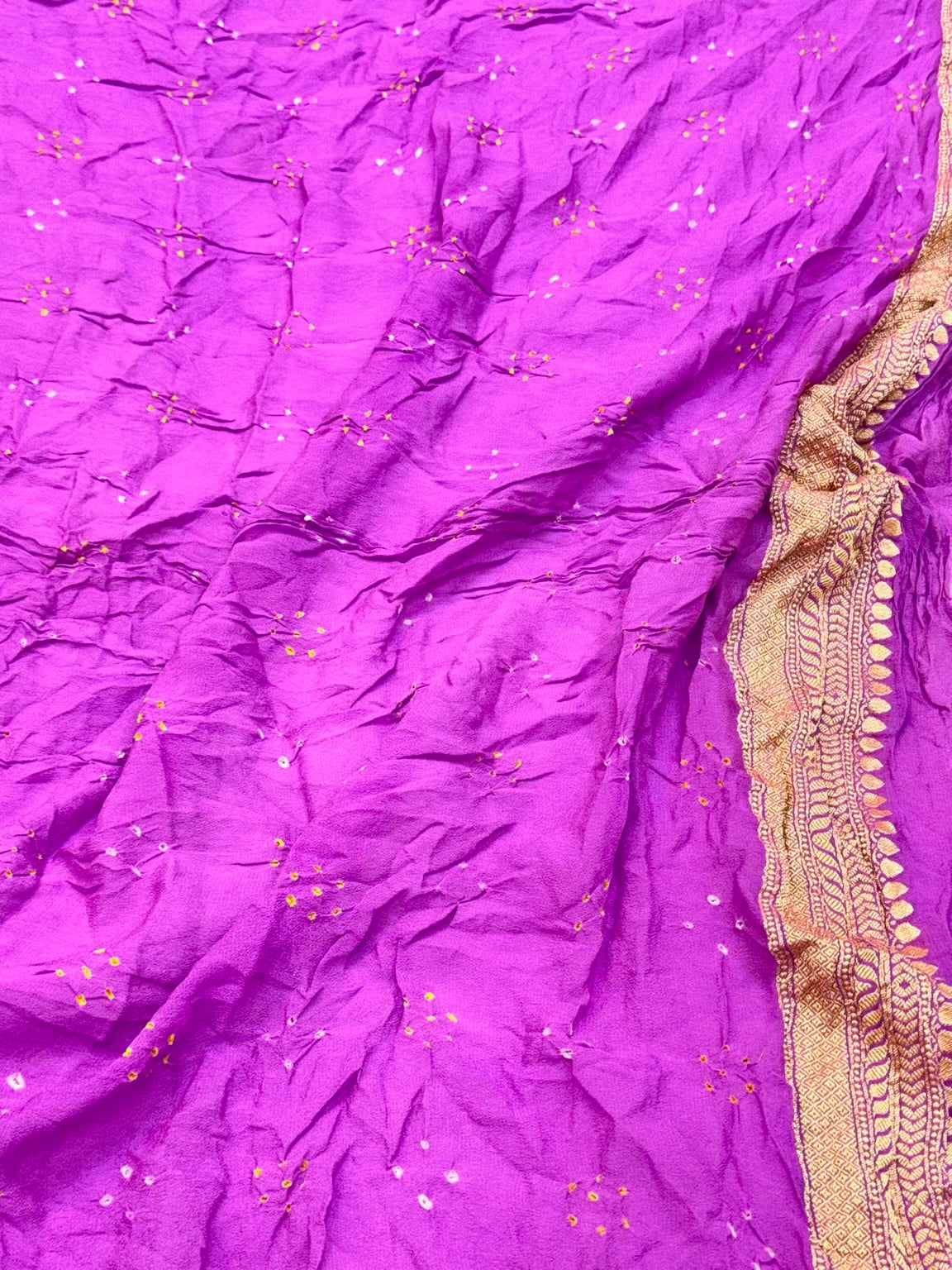 Green/Purple Pure Chiffone Georgette Handloom Bandhej Banarasi Saree - Lightweight Soft Saree