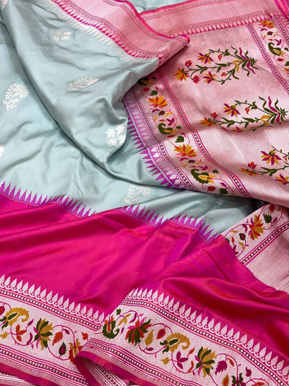Powder Blue Exclusive Modern Banarasi Saree - Pure Mulberry Katan Silk | Kadhwa Ektara Weave Handwoven Saree