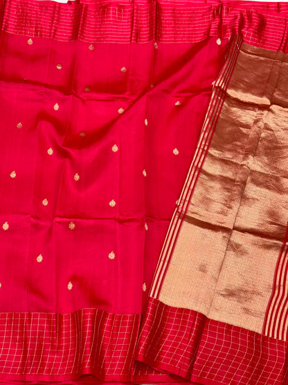 Bright Red Pure Raw Mango Silk Banarasi Handwoven Kadhwa Saree
