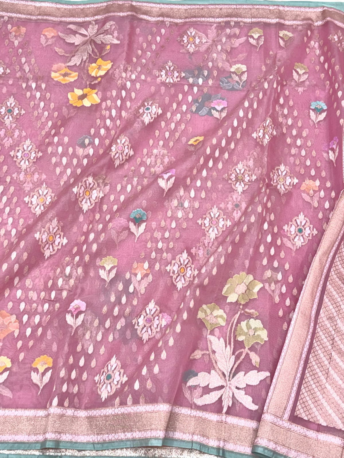 Powder Pink Pure Mulberry Kora ( Organza ) Silk Ektara Jamdani Handloom Contemporary Banarasi Lightweight Saree
