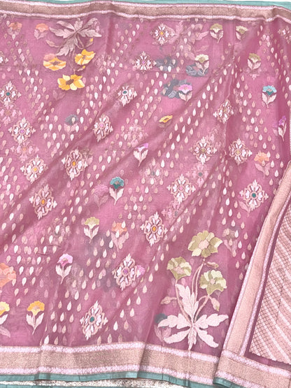 Powder Pink Pure Mulberry Kora ( Organza ) Silk Ektara Jamdani Handloom Contemporary Banarasi Lightweight Saree