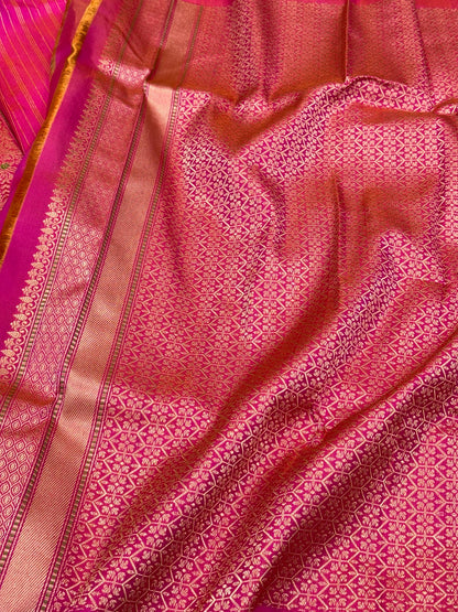 Pink/Dual Tone Pure Mulberry Katan Silk | Kadhwa Ektara Weave | Handwoven Banarasi Saree - Six Yards of Pure Elegance