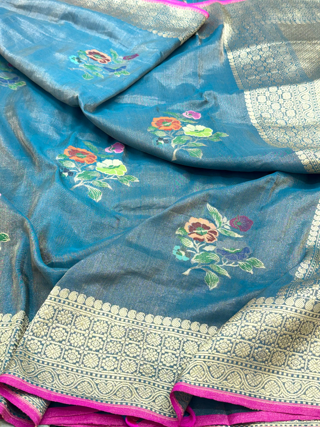 Peacock Blue Pure Double Katan Tissue Silk Ektara Handwoven Banarasi Saree