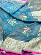Peacock Blue Pure Double Katan Tissue Silk Ektara Handwoven Banarasi Saree