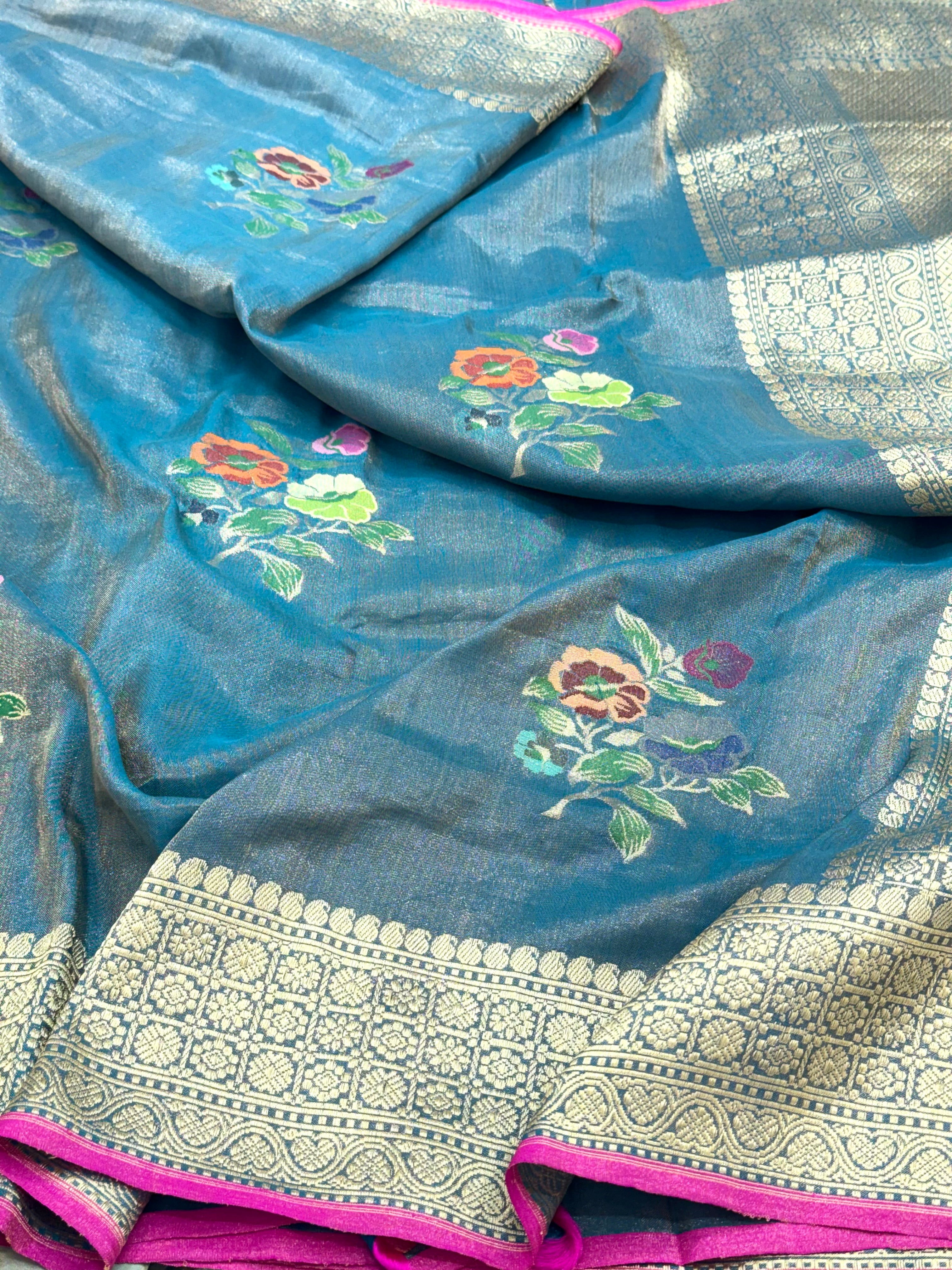 Peacock Blue Pure Double Katan Tissue Silk Ektara Handwoven Banarasi Saree