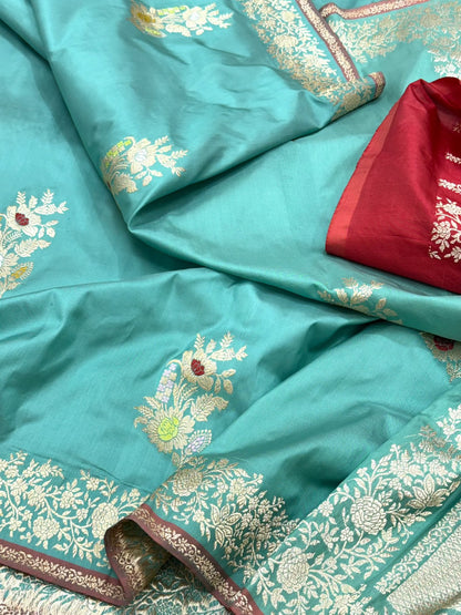 Sea Green Pure Katan Mulberry Silk Handwoven Banarasi Saree - Kadhwa Technique