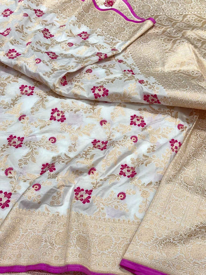 Pearl White Handloom Banarasi Saree with Pure Katan Mulberry Silk