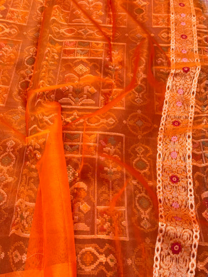Elephant Gray Pure Mulberry Kora Organza Silk Ektara Jamdani Handloom Banarasi Saree - Contemporary Gharchola Heritage