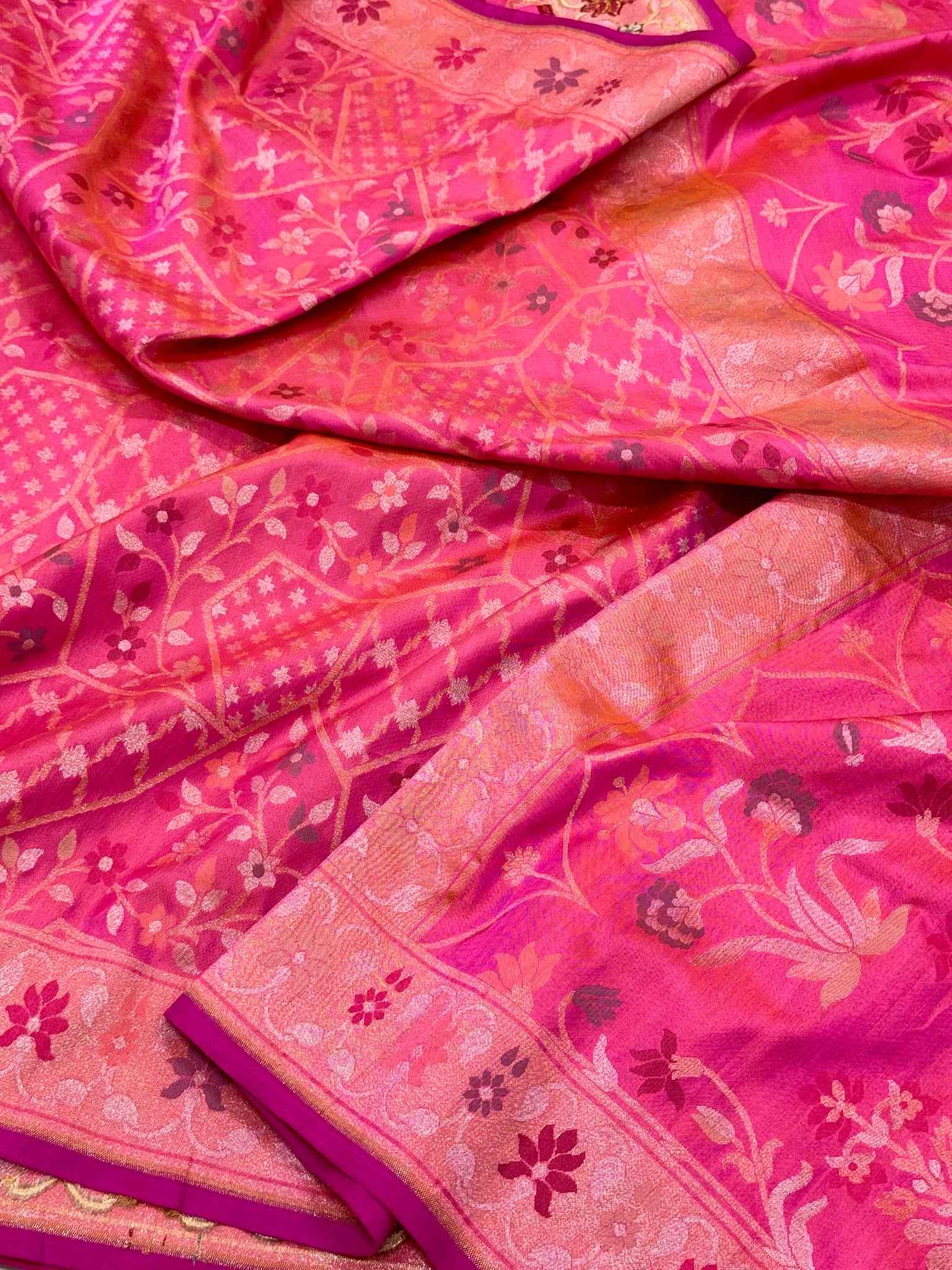 Pink Pure Mulberry Silk & Pure Katan Silk Saree - Handloom Ektara Jamdani Comtemporary Banarasi Silk Saree