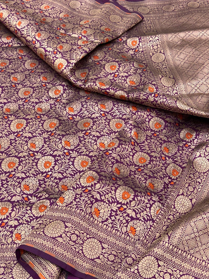 Purple Magenta Pure Katan Silk Handloom Banarasi Saree |Brocade|