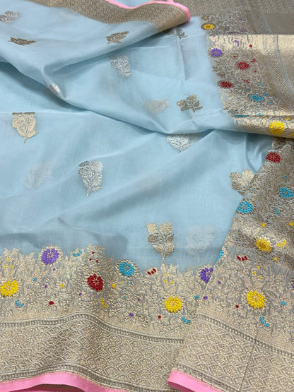 Sky Blue Authentic Banarasi Saree - Pure Kora Mulberry Silk | Kadhwa Technique | Handwoven Timeless Banarasi Saree