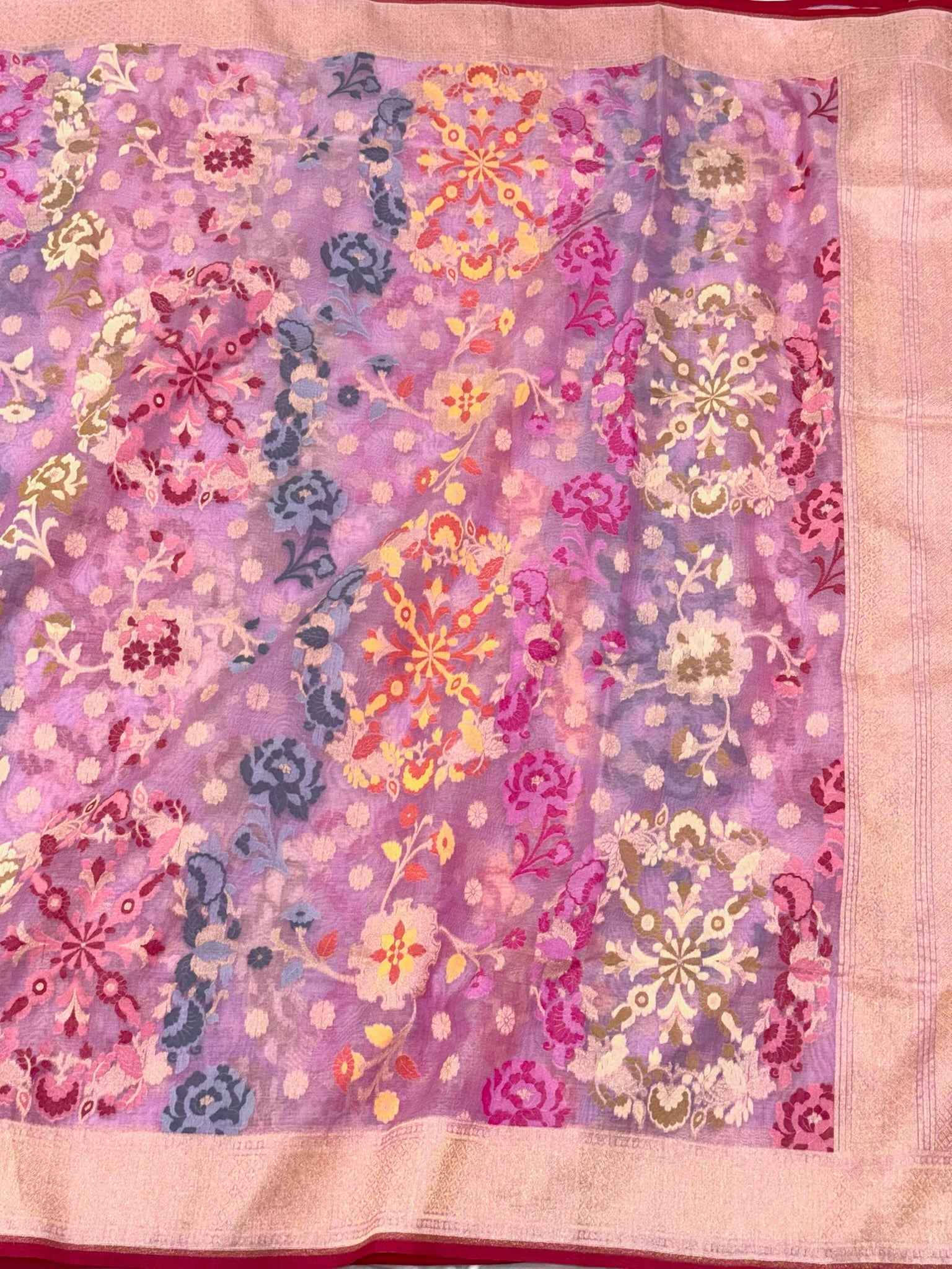 Rose Pink Pure Kora Silk Handloom Banarasi Saree with Ektara + Jamdani Weave