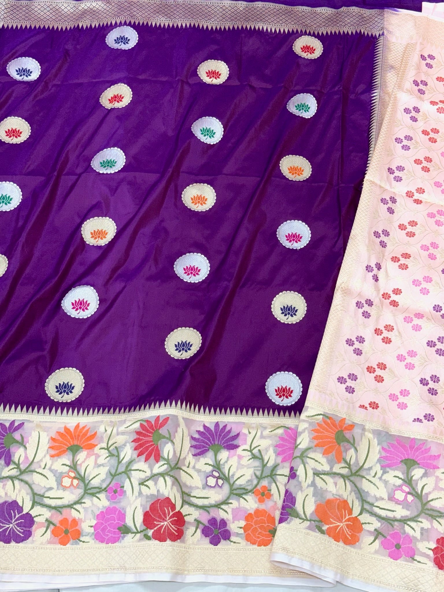 Purple Pure Mulberry Katan Silk | Kadhwa + Kadhiyal Technique | Handwoven Banarasi Saree