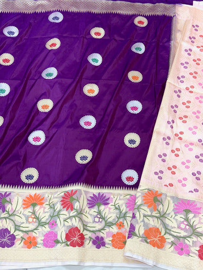 Purple Pure Mulberry Katan Silk | Kadhwa + Kadhiyal Technique | Handwoven Banarasi Saree