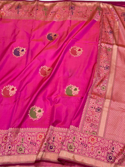 Pink/Dual Tone Pure Mulberry Katan Silk | Kadhwa Ektara Weave | Handwoven Banarasi Saree - Six Yards of Pure Elegance