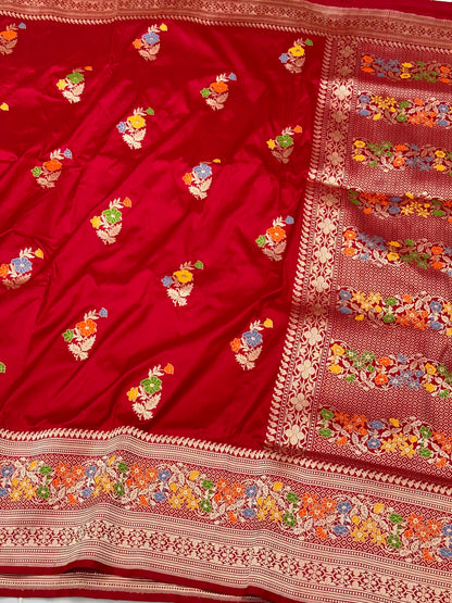Deep Red Pure Katan Silk & Pure Mulberry Silk | Kadhwa Technique | Handwoven Banarasi Saree