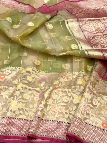 Mehendi Green Pure Kora Silk & Pure Tissue Silk Handwoven | Kadhwa Weave | Banarasi Saree - Contemporary Masterpiece Piece