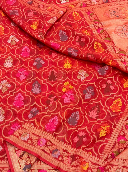 Red Pure Muslin Cotton Jamdani Handloom Banarasi Saree |Ektara Weave|