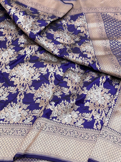 Blue Pure Mulberry Katan Silk  Handloom Banarasi Saree