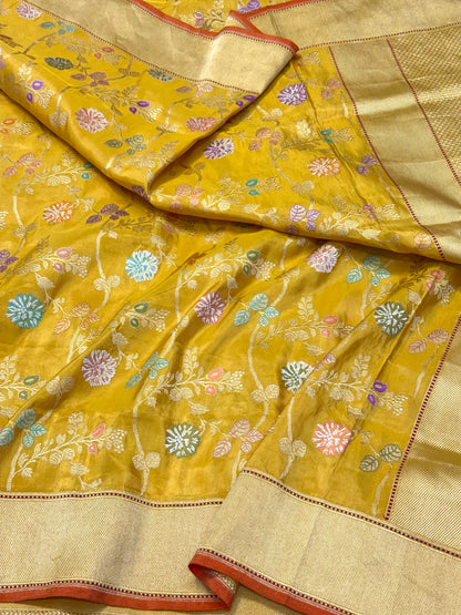 Gold Yellow Pure Double Katan Tissue Silk Handwoven Banarasi Saree