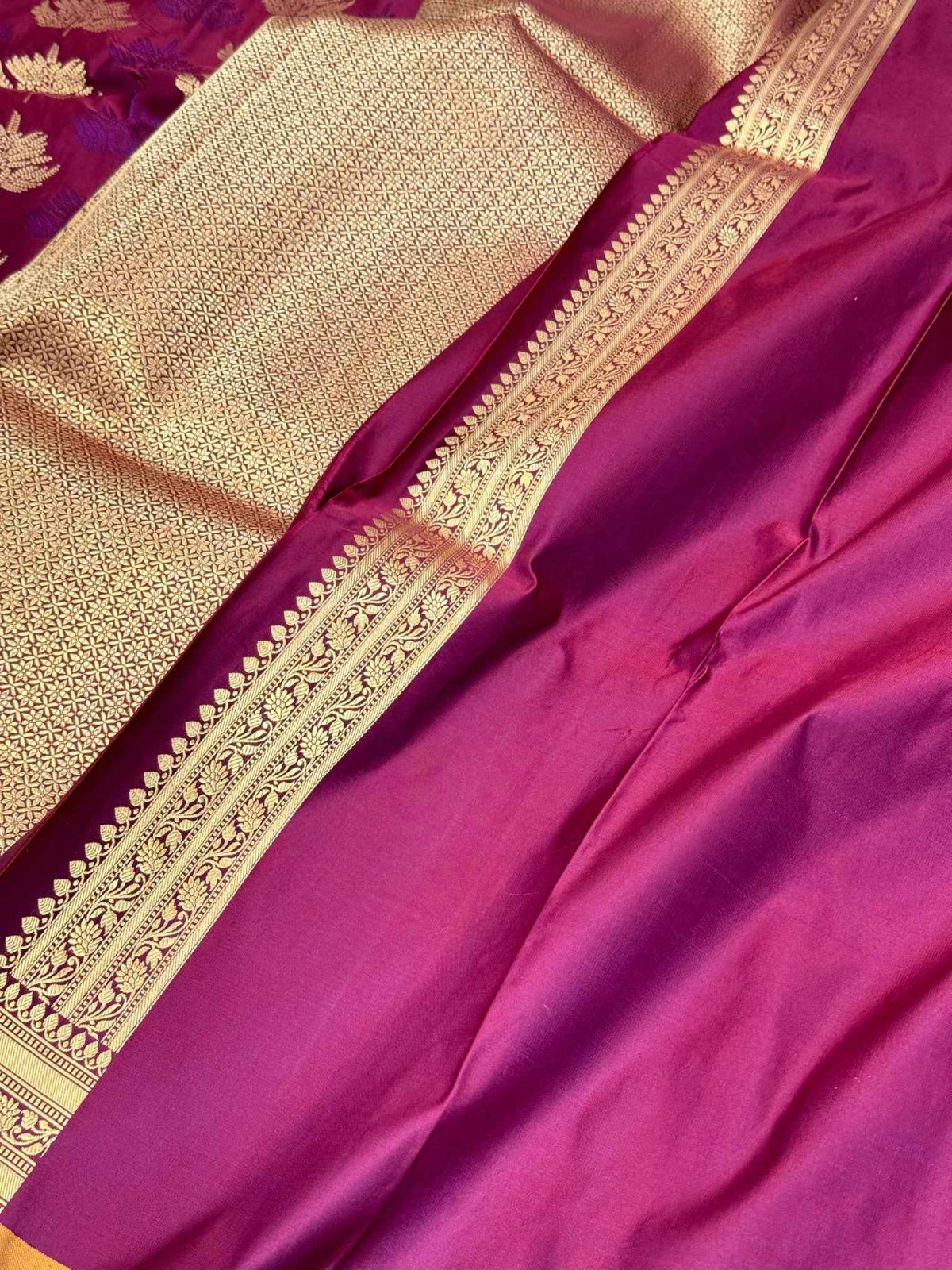 Dark Magenta Pure Satin Silk Soft Drape Handwoven Banarasi Saree