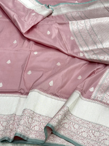 Pastel Pink Pure Mulberry Katan Silk Handwoven Banarasi Saree