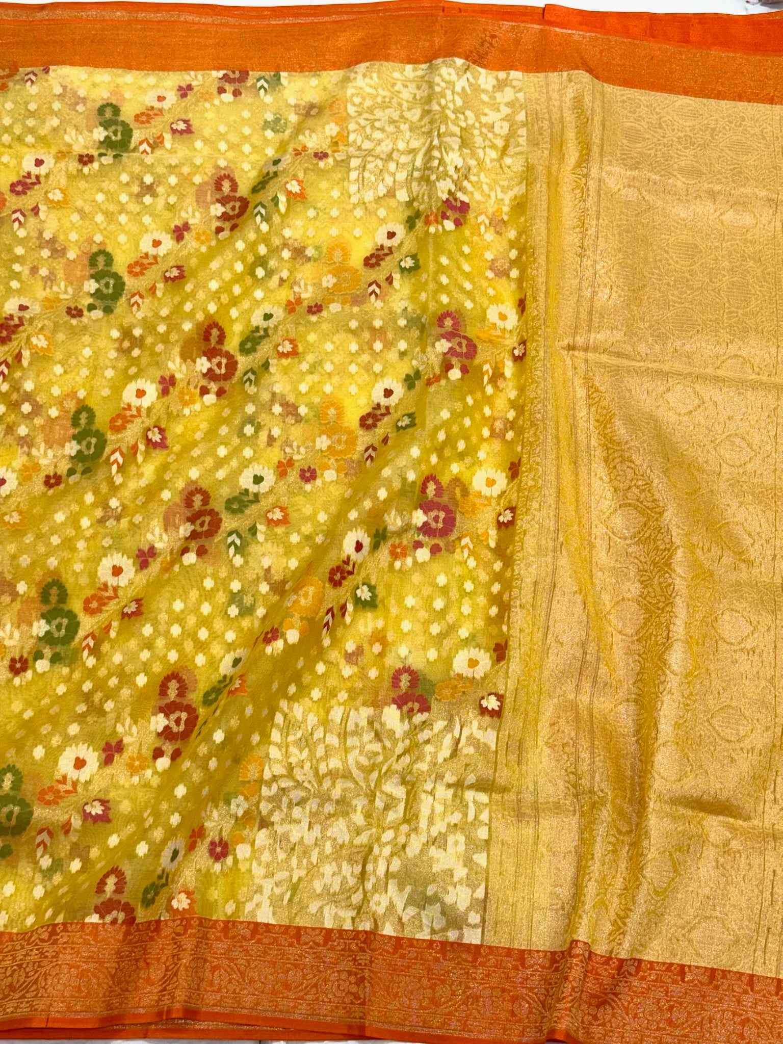 Yellow Pure Mulberry Kora Silk ( Organza ) Handloom Ektara Jamdani Banarasi Saree