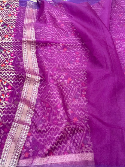 Magenta/Purple Pure Kora Silk Saree -Ektara Technique | Pure Mulberry Silk Handwoven Banarasi Saree