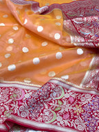 Peach/Red Pure Kora Silk Handwoven Banarasi Saree