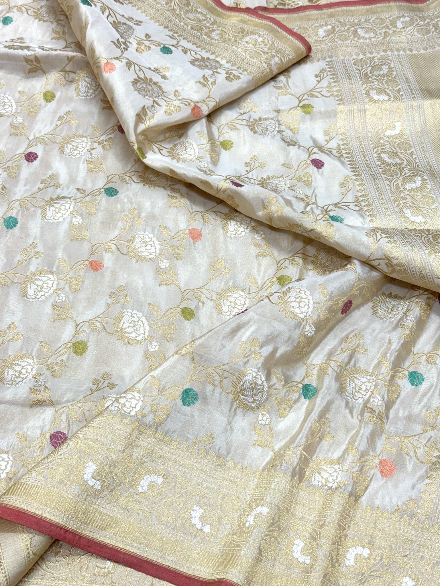 Ivory Katan Tissue Silk Pure Handwoven Saree