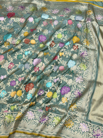 Dusty Sea Green Exclusive Premium Banarasi Luxury Saree | Pure Double Katan Mulberry Silk - Kadhwa Technique ( Handwoven ) Banarasi Saree