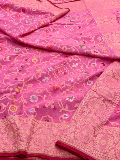 Pink Pure Muslin Cotton Jamdani Handloom Banarasi Saree | Ektara Technique |